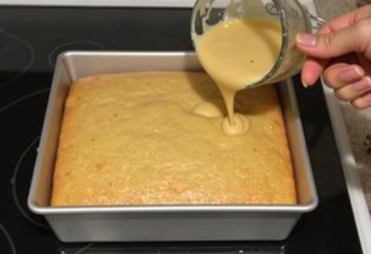 Verser la pâte dans un moule graissé et la cuire au four pour obtenir un gâteau doré parfait pour le petit déjeuner.