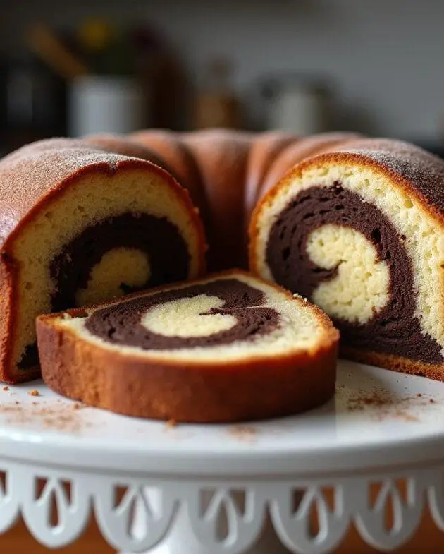 Gateau marbré au chocolat classique moelleux, tranché et mis en valeur sur un support à gâteau dans une cuisine chaleureuse.