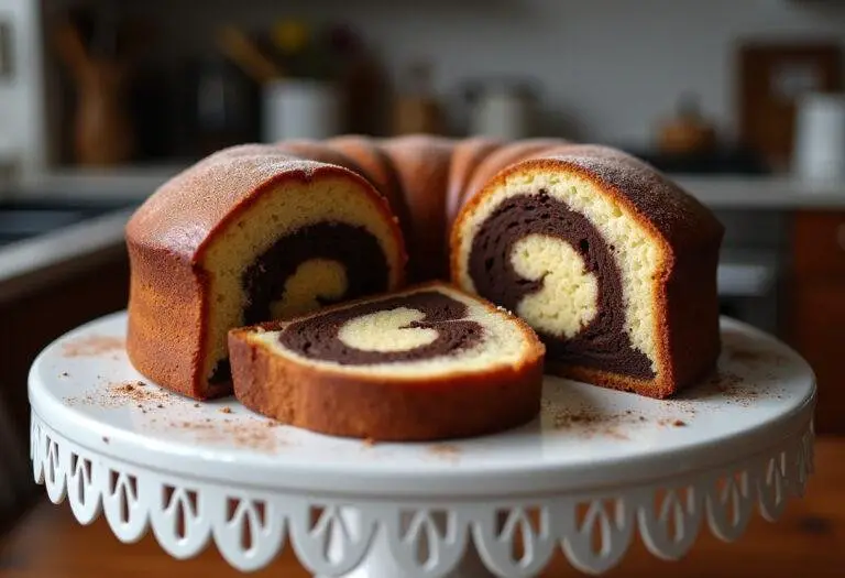 Gateau marbré au chocolat classique moelleux, tranché et mis en valeur sur un support à gùteau dans une cuisine chaleureuse.