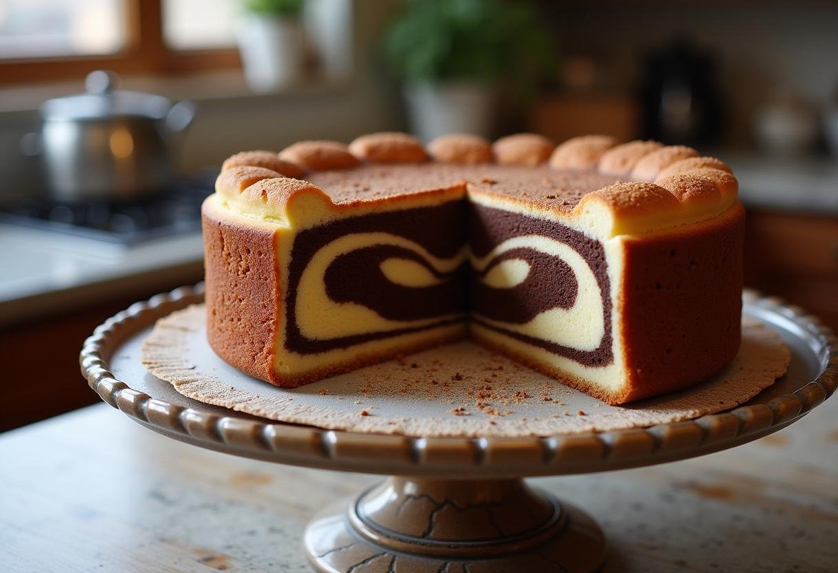 Gateau marbré au chocolat classique moelleux, tranché et mis en valeur sur un support à gùteau dans une cuisine chaleureuse.