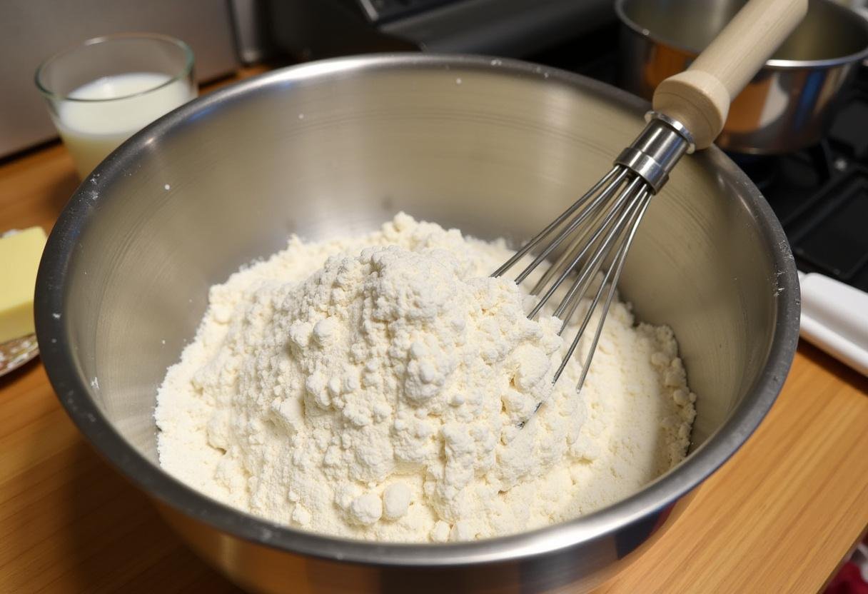 Préparation des ingrédients pour le gateau marbré au chocolat moelleux, farine, sucre et levure dans un grand bol.