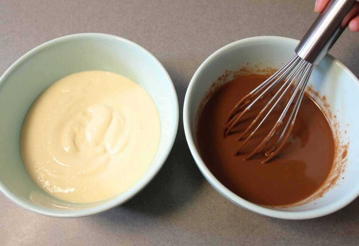 Préparation de la pùte de gateau au marbré chocolat, deux bols avec la pùte claire et la mixture de chocolat bien mélangée.