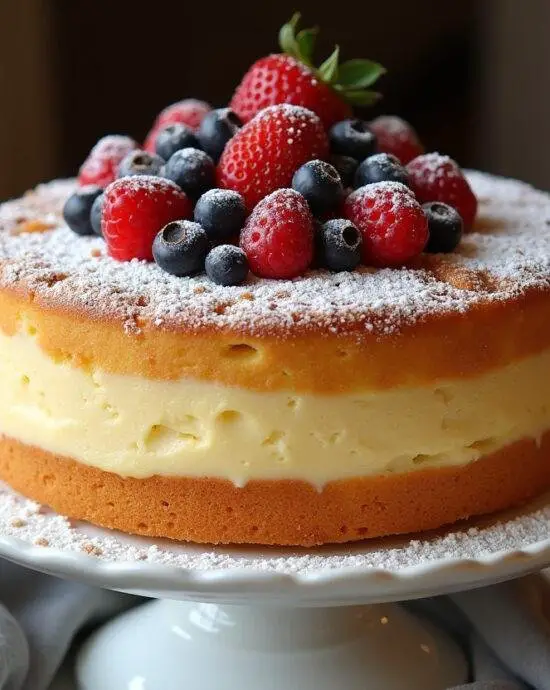 Gâteau moelleux à la vanille sur un présentoir, décoré de sucre glace et de baies fraîches, mettant en avant sa texture parfaite.