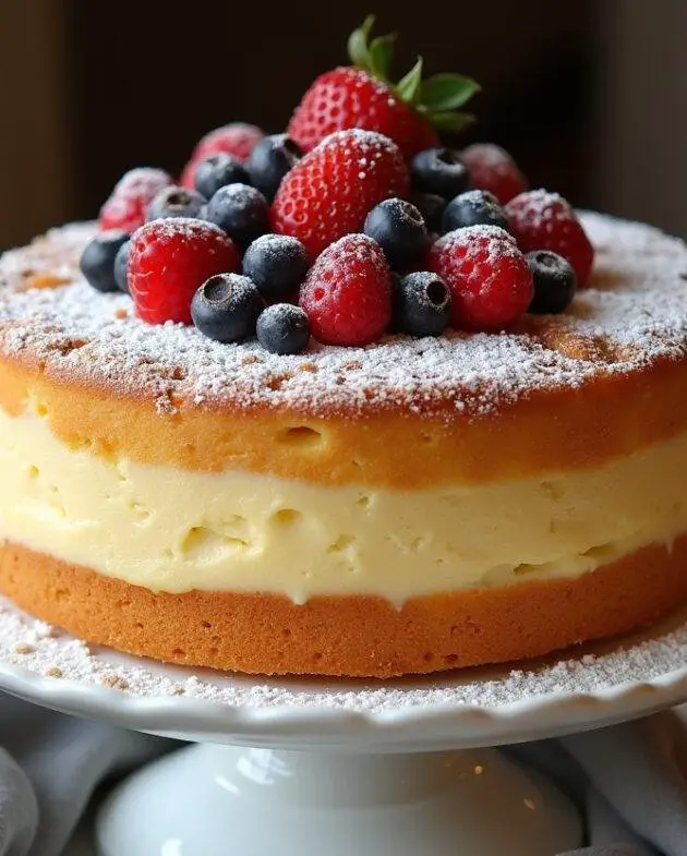 Gâteau moelleux à la vanille sur un présentoir, décoré de sucre glace et de baies fraîches, mettant en avant sa texture parfaite.