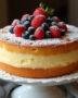 Gâteau moelleux à la vanille sur un présentoir, décoré de sucre glace et de baies fraîches, mettant en avant sa texture parfaite.