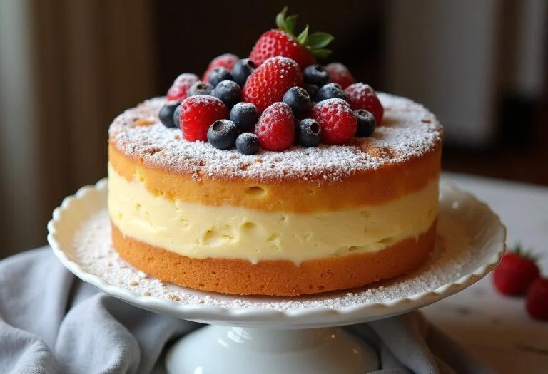 Gâteau moelleux à la vanille sur un présentoir, décoré de sucre glace et de baies fraîches, mettant en avant sa texture parfaite.
