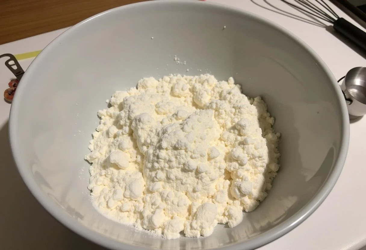 Préparation des ingrédients pour le gâteau moelleux à la vanille, farine, sucre et levure chimique dans un bol.