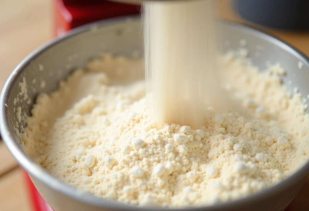 Ingrédients secs pour le gâteau moelleux à la vanille tamisés dans un bol, mettant en avant la texture aérée.