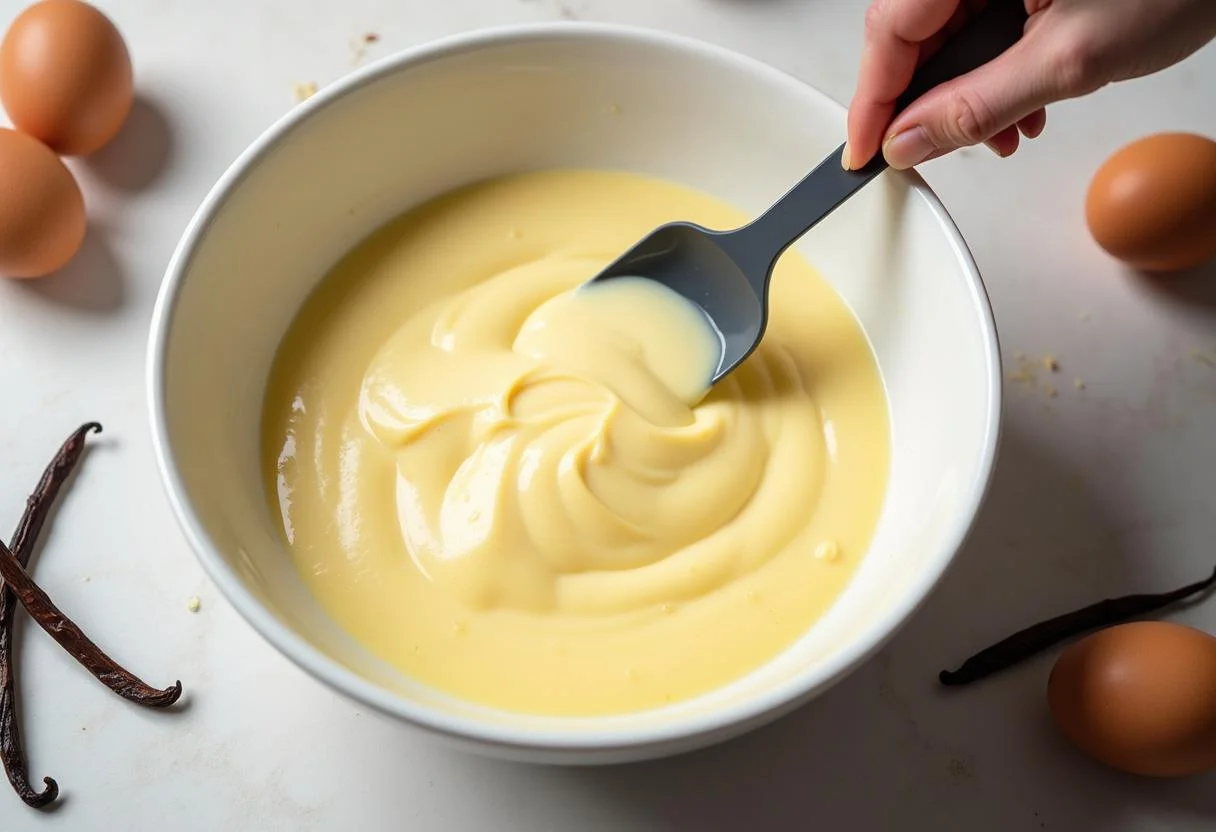 Mélange de beurre et de sucre pour le gâteau moelleux à la vanille, créant une texture crémeuse avec des gousses de vanille à proximité.