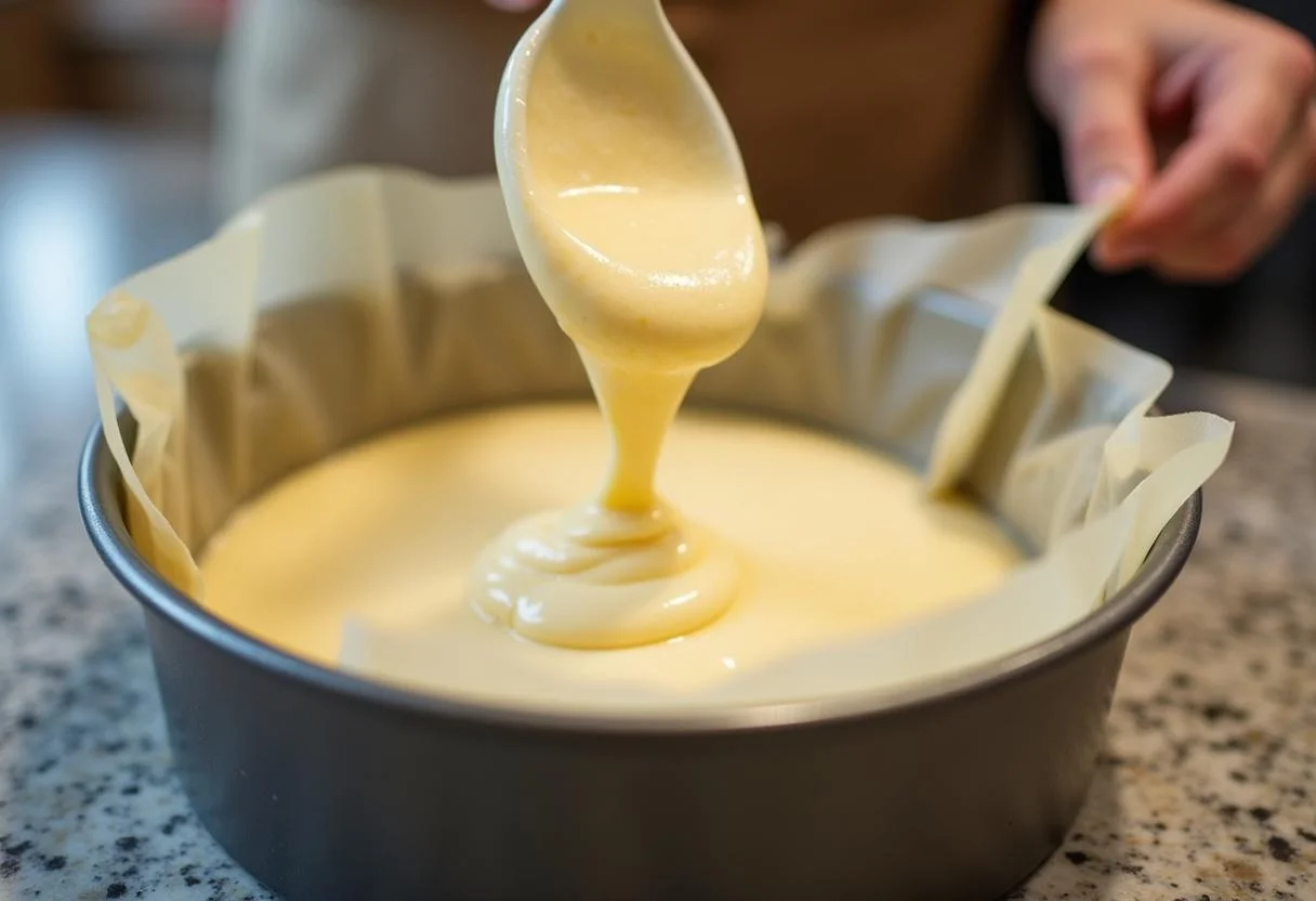 Verser la pâte du gâteau moelleux à la vanille dans un moule à gâteau, avec un mélange homogène prêt pour la cuisson.