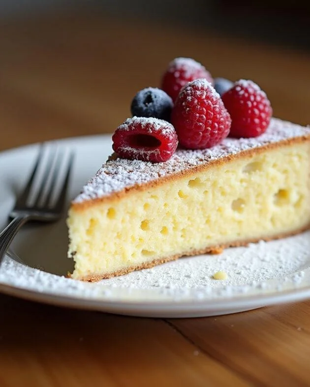 Une part de gâteau peu calorique joliment présentée avec des baies fraîches, parfaite pour un dessert léger.