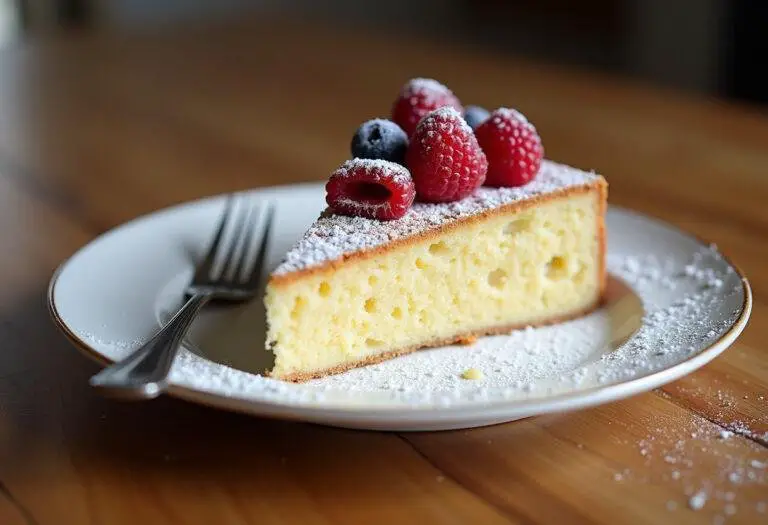 Une part de gâteau peu calorique joliment présentée avec des baies fraîches, parfaite pour un dessert léger.