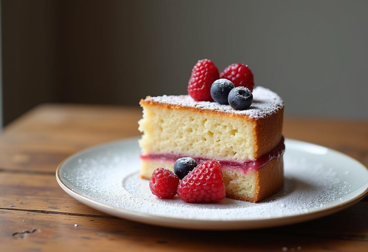 Une part de gâteau peu calorique joliment présentée avec des baies fraîches, parfaite pour un dessert léger.