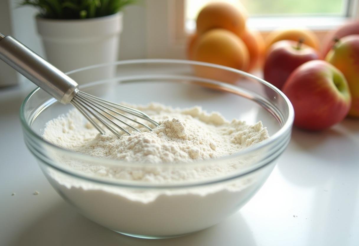 Mélanger de la farine, un substitut de sucre et de la levure pour un gâteau peu calorique.