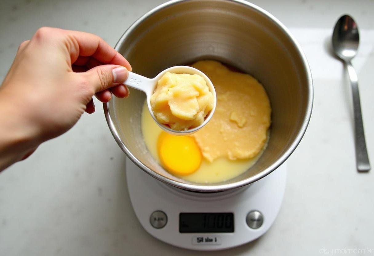 Mesurer de la compote de pommes sans sucre et des blancs d'œufs pour la recette de gâteau peu calorique.