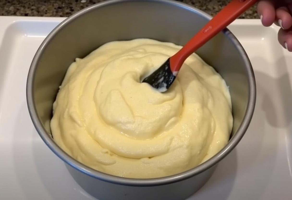 Verser la pâte du gâteau peu calorique dans un moule à gâteau avant la cuisson.