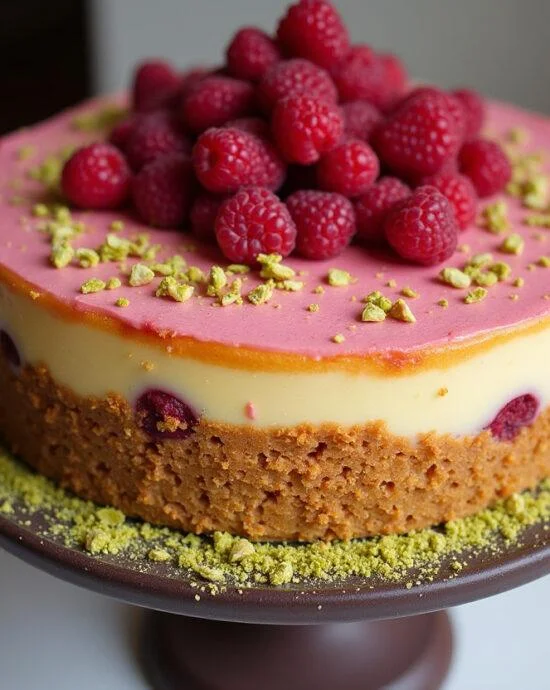 Un gateau pistache framboise magnifiquement décoré sur un plat, garni de framboises fraîches et de pistaches écrasées.