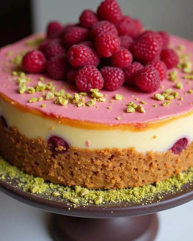 Un gateau pistache framboise magnifiquement décoré sur un plat, garni de framboises fraîches et de pistaches écrasées.