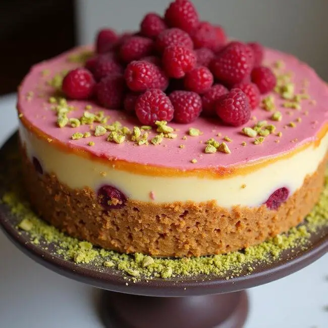 Un gateau pistache framboise magnifiquement décoré sur un plat, garni de framboises fraîches et de pistaches écrasées.