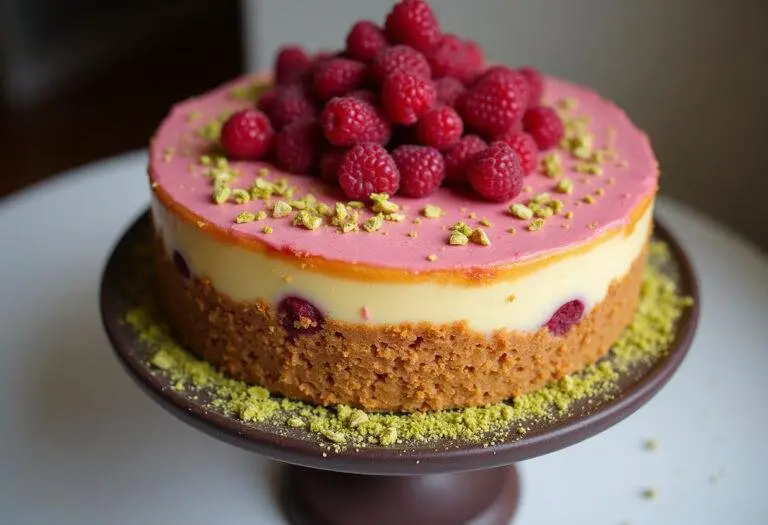 Un gateau pistache framboise magnifiquement décoré sur un plat, garni de framboises fraîches et de pistaches écrasées.