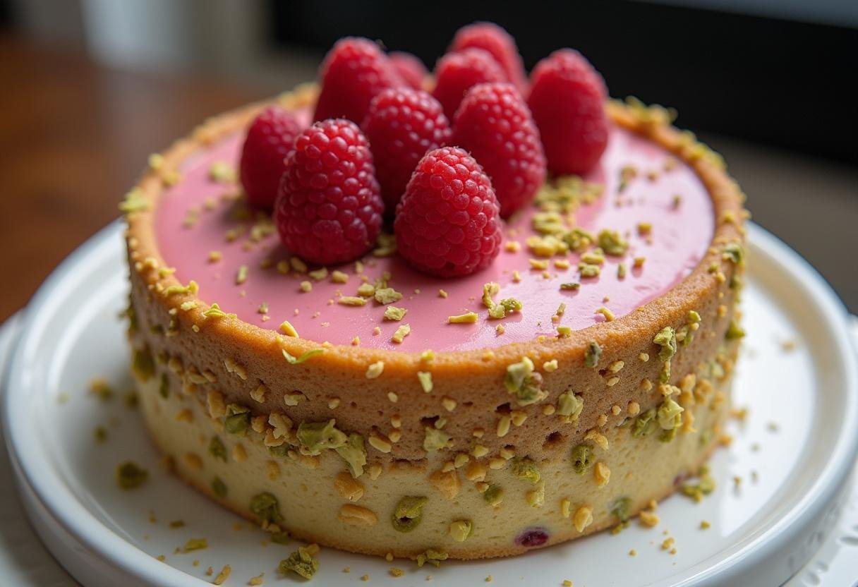 Un gateau pistache framboise magnifiquement décoré sur un plat, garni de framboises fraîches et de pistaches écrasées.