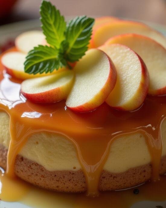 Gâteau au caramel et pommes renversé, un dessert traditionnel aux pommes caramélisées, présenté avec éclat sur une assiette décorative.