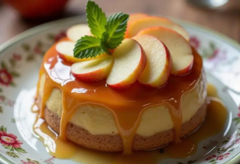 GĂąteau au caramel et pommes renversĂ©, un dessert traditionnel aux pommes caramĂ©lisĂ©es, prĂ©sentĂ© avec Ă©clat sur une assiette dĂ©corative.