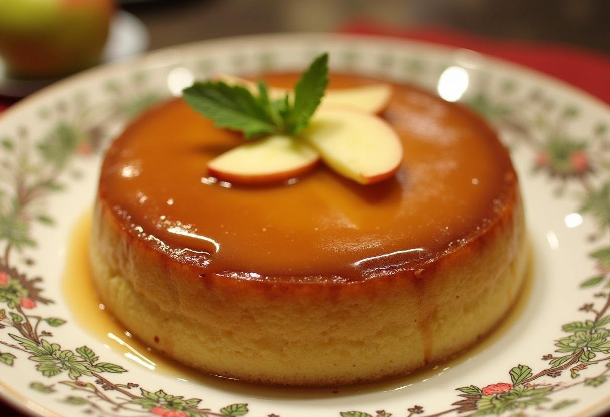 Gùteau au caramel et pommes renversé, un dessert traditionnel aux pommes caramélisées, présenté avec éclat sur une assiette décorative.