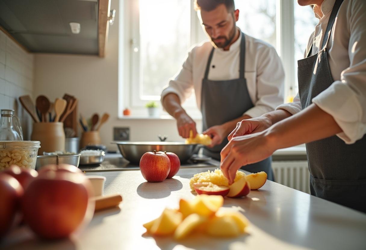 Préparation des pommes pour le gùteau aux pommes caramélisées, des pommes fraßches sont épluchées et tranchées pour un délicieux gùteau au caramel.