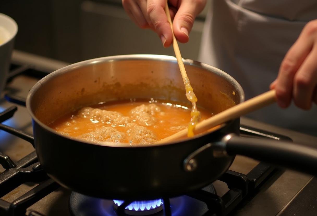 Création du caramel pour le gùteau caramélisé aux pommes, du sucre en train de fondre et de bouillonner sur le feu pour une texture parfaite.
