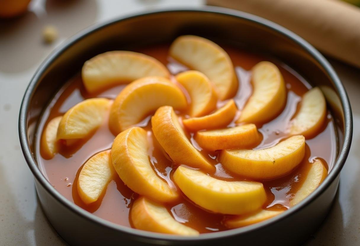 Disposition des pommes dans le moule pour le gùteau au caramel, les tranches de pommes fraßches recouvertes de caramel doré pour un rendu visuel appétissant.