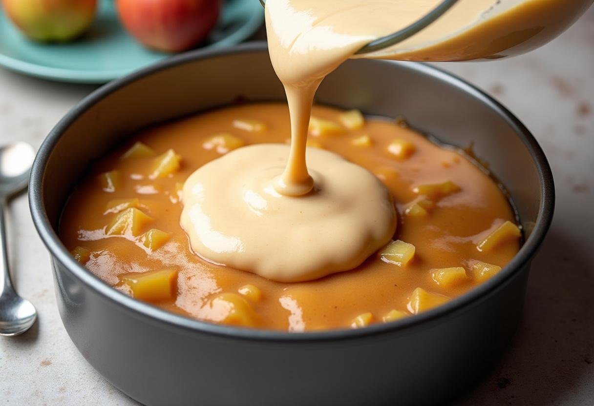 Versement de la pùte à gùteau sur les pommes caramélisées, une préparation moelleuse pour un délicieux gùteau au caramel aux pommes.