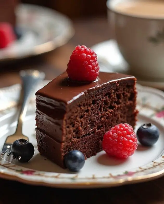 Une belle part de gâreau roulé au chocolat moelleux, servie avec des baies fraîches et une fourchette.