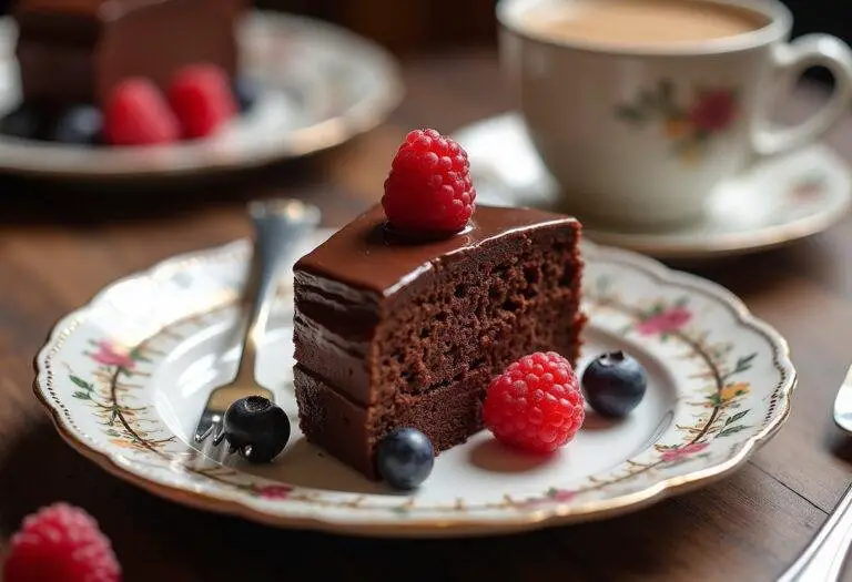 Une belle part de gùreau roulé au chocolat moelleux, servie avec des baies fraßches et une fourchette.