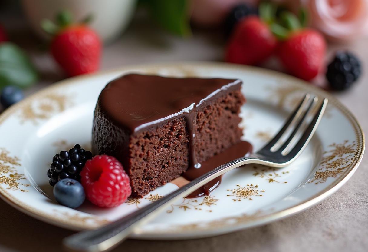 Une belle part de gùreau roulé au chocolat moelleux, servie avec des baies fraßches et une fourchette.