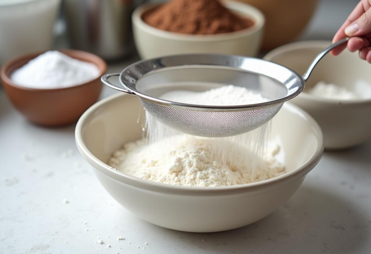 Préparation de la pùte pour gùreau roulé au chocolat avec de la farine, du sucre et du cacao en poudre.