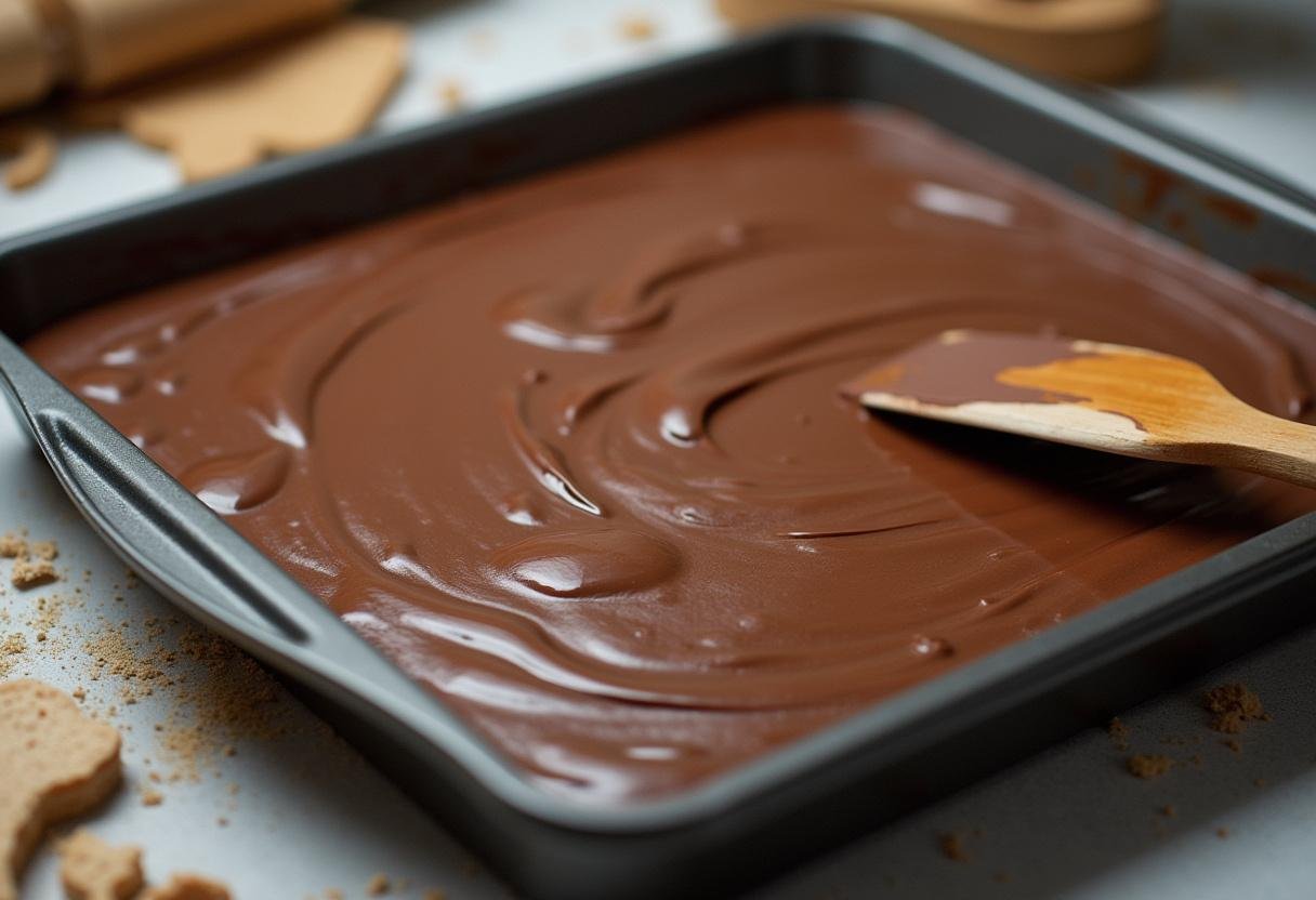 Pùte à gùteau au chocolat lisse dans un plat à pùtisserie pour gùreau roulé au chocolat moelleux.