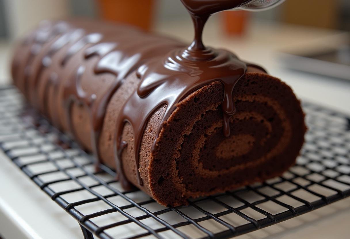 Gùteau roulé au chocolat moelleux refroidissant avec un coulis de ganache au chocolat.