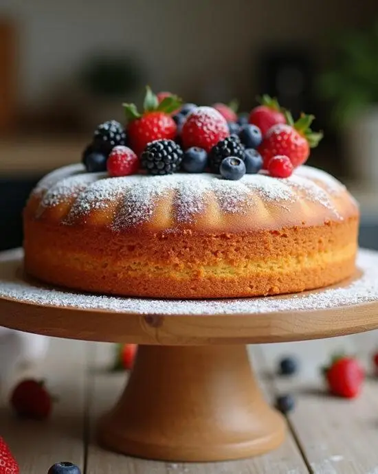 Présentation d'un gâteau sans gluten et sans lactose, décoré de baies fraîches, sur un support en bois.