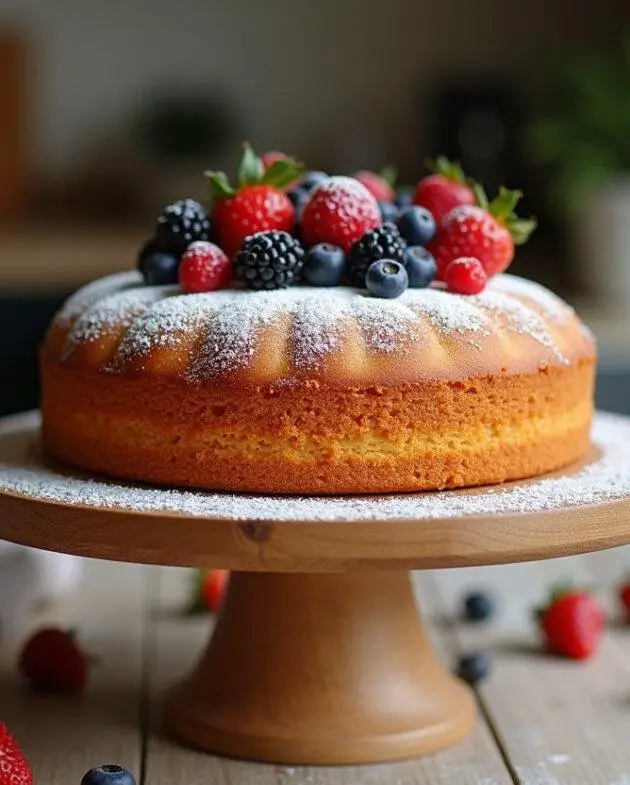 Présentation d'un gâteau sans gluten et sans lactose, décoré de baies fraîches, sur un support en bois.