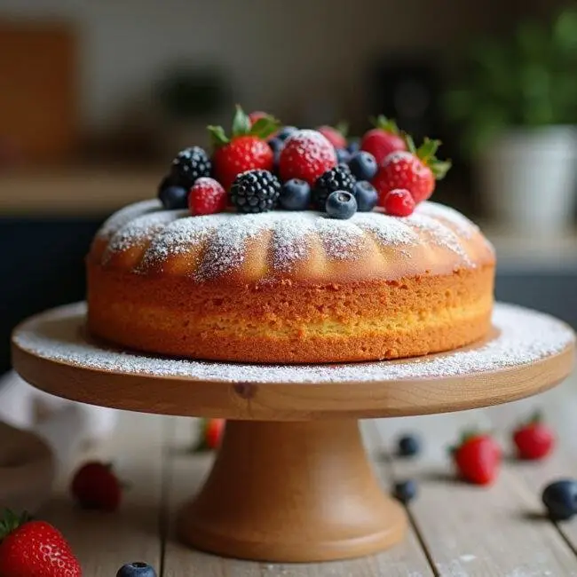 Présentation d'un gâteau sans gluten et sans lactose, décoré de baies fraîches, sur un support en bois.