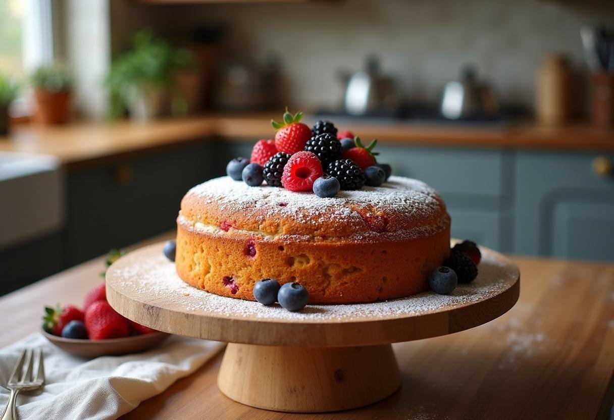Présentation d'un gùteau sans gluten et sans lactose, décoré de baies fraßches, sur un support en bois.