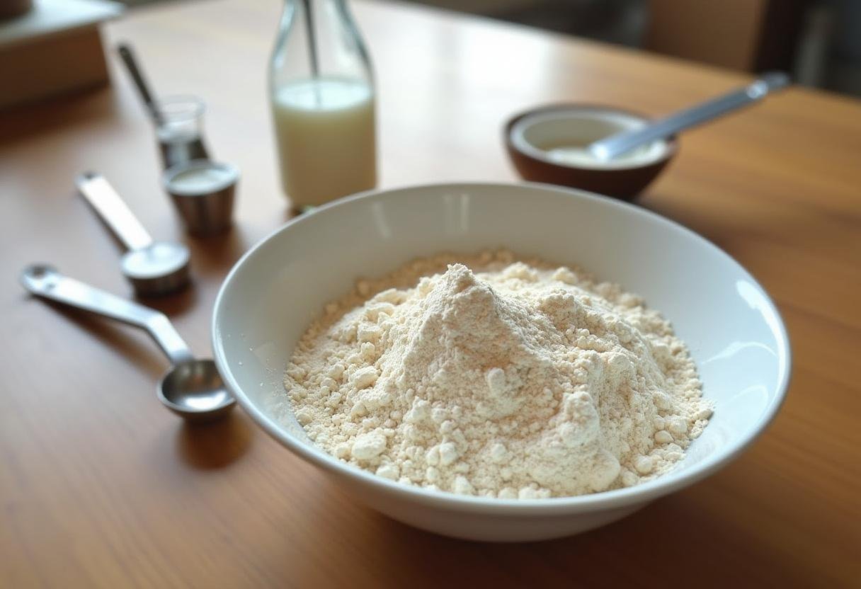 Préparation des ingrédients pour le gùteau sans gluten et sans lactose, avec de la farine sans gluten et de l'huile de coco.