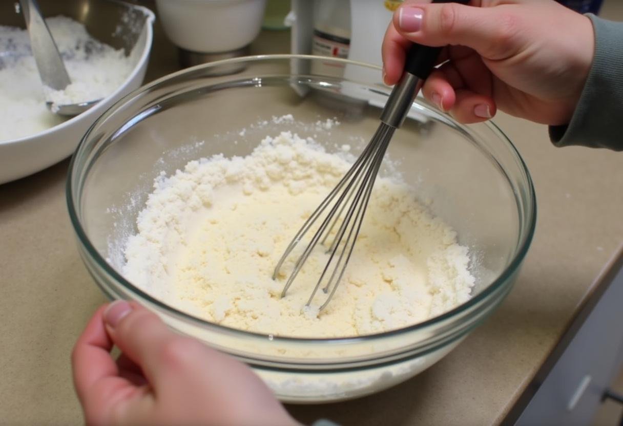 Mélange des ingrédients secs pour le gùteau sans gluten et sans lactose, avec un fouet dans un bol.