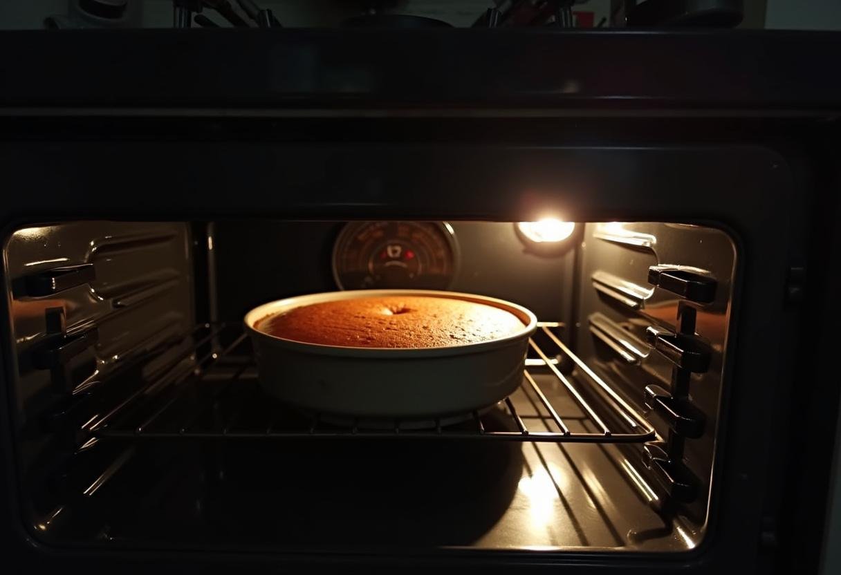 Mise du gùteau sans gluten et sans lactose dans le four pour la cuisson, avec des détails de l'intérieur du four.