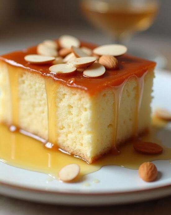 gâteau tunisien aux amandes et miel sur une assiette, présentation élégante et appétissante