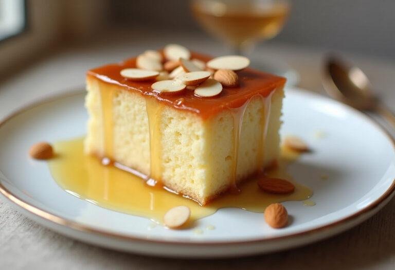 gâteau tunisien aux amandes et miel sur une assiette, présentation élégante et appétissante