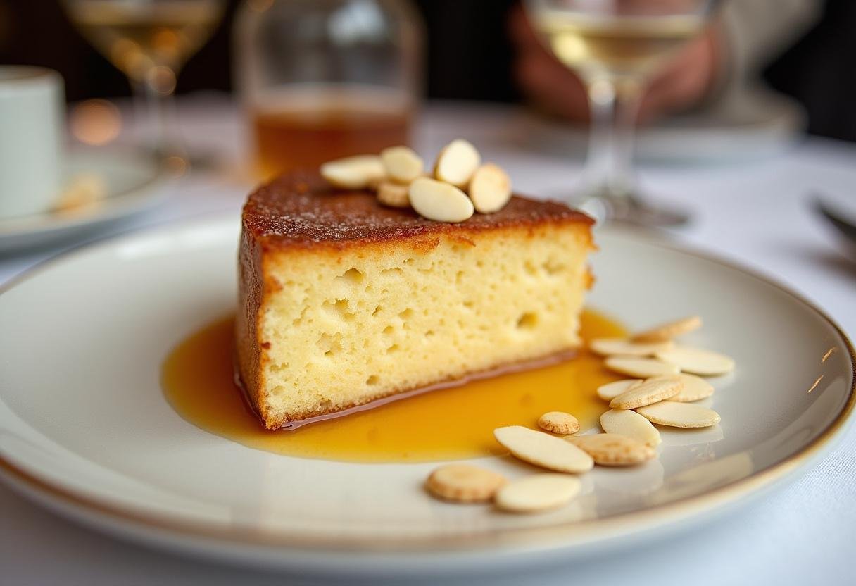 gâteau tunisien aux amandes et miel sur une assiette, présentation élégante et appétissante