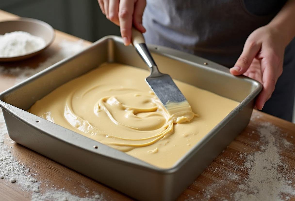 versement de la pâte du gâteau tunisien dans un moule, préparation pour la cuisson