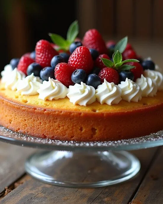 Gâteau à la crème fraîche moelleux joliment décoré avec des baies fraîches, prêt à être servi.